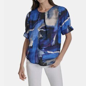 DKNY Women's Black/ BluuePrinted Puff-Sleeve V-Neck Blouse Top Size M